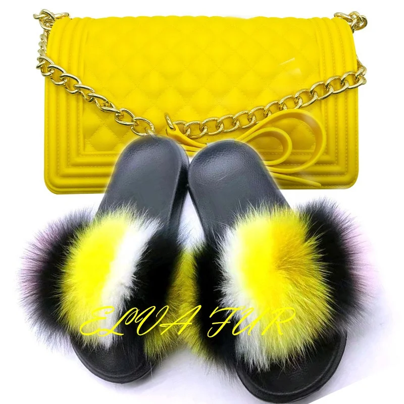 

2020 ELVA FUR UK big size multicolor women fur slides fluffy fashion fox fur slippers with logo, Colours