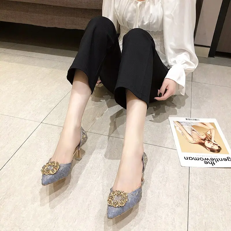 

footwear for women heels Rubber Sole Thin heels women 2021 Fashion Pointed Toe Solid high heels shoes for women new styles, White,pink,blue