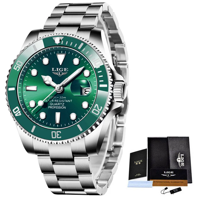 

Lige 10045 Wristwatches Luxury Green Dial Stainless Steel 3ATM Waterproof Reloj Quartz Watches Unique Custom For Men With Date