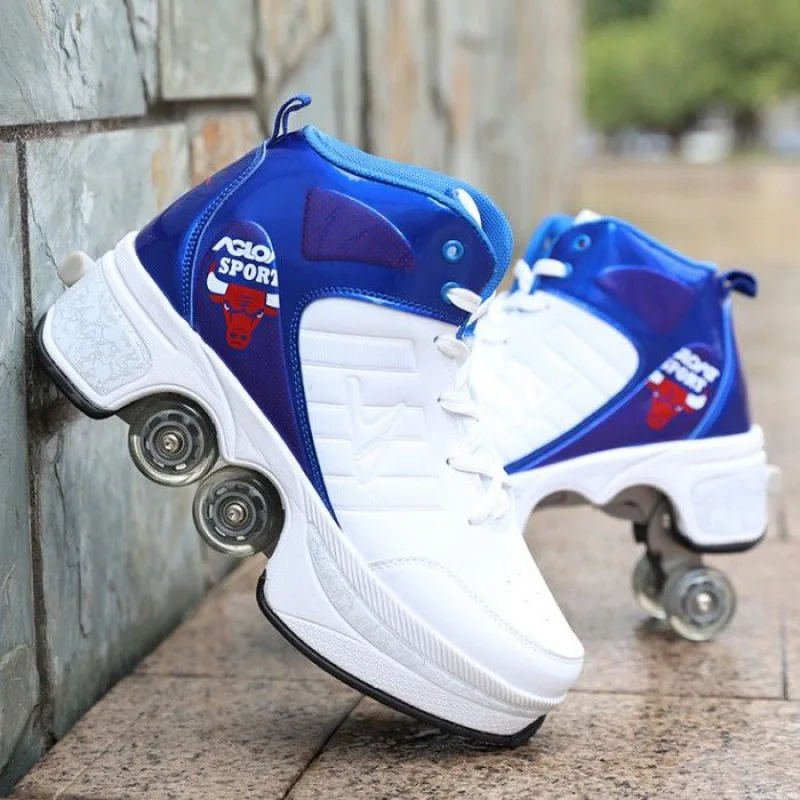 
High Quality deformation kids wheel shoes wholesale adult and children kick out roller skate shoes with 4 wheels 