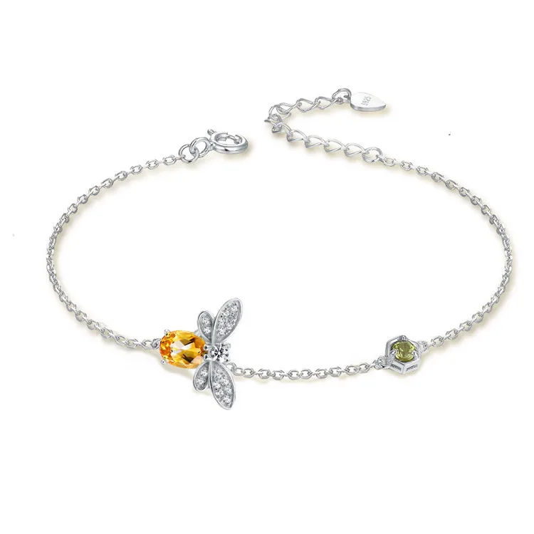 

925 sterling silver colored gemstone jewelry natural citrine peridot small bee micro-inlaid bracelet 14k yellow gold, Silver,gold or custom
