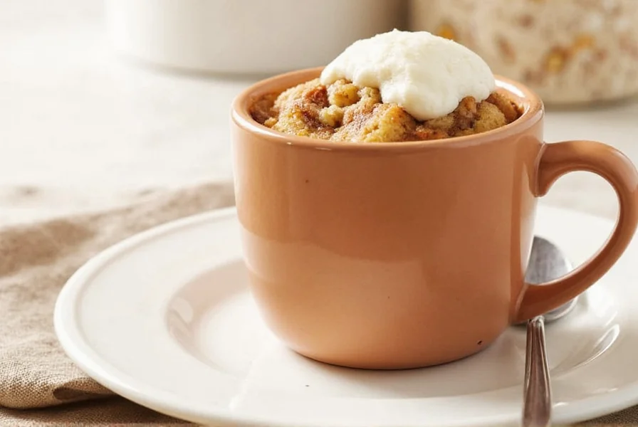 Single cinnamon roll mug cake in white ceramic mug with cream cheese drizzle and cinnamon stick garnish