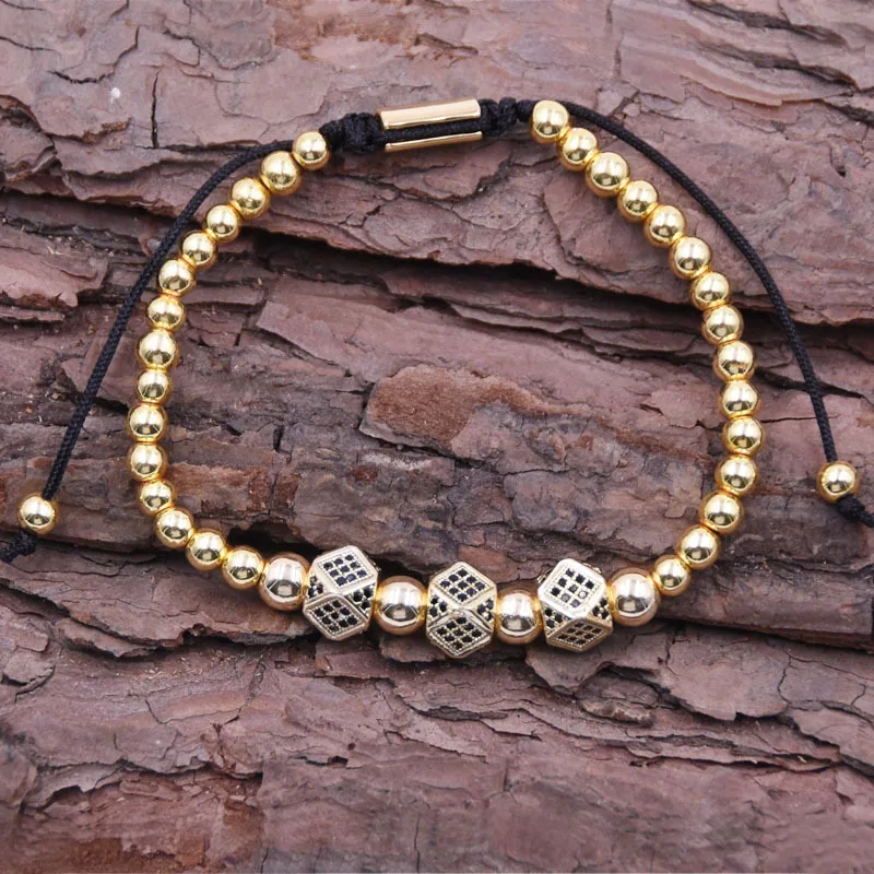 

Adjustable Hand Braid 18K Gold Plated Copper Bead Geometric Zircon Charms Macrame Bracelet