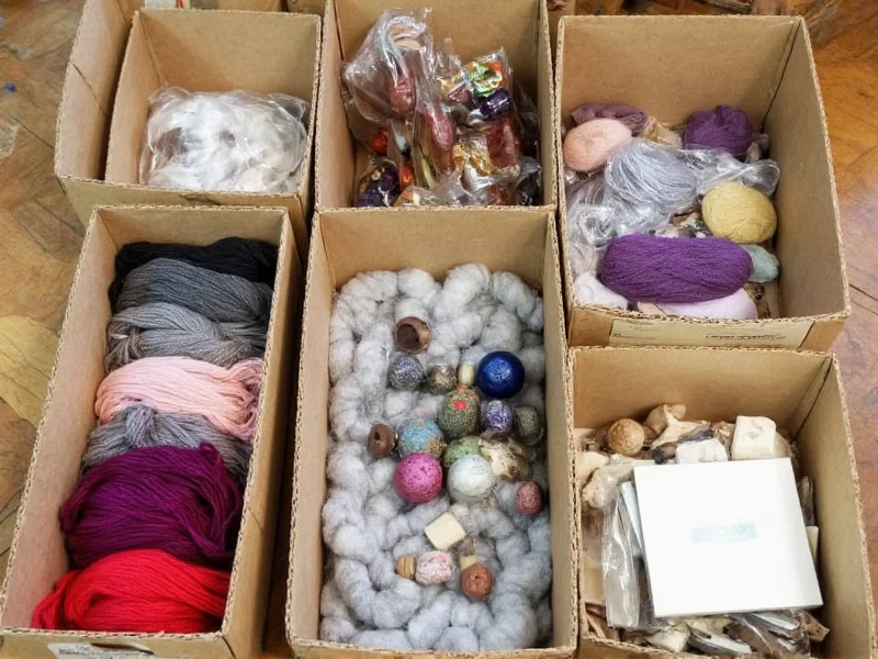 Assorted craft boxes with natural materials for knitting and paper projects