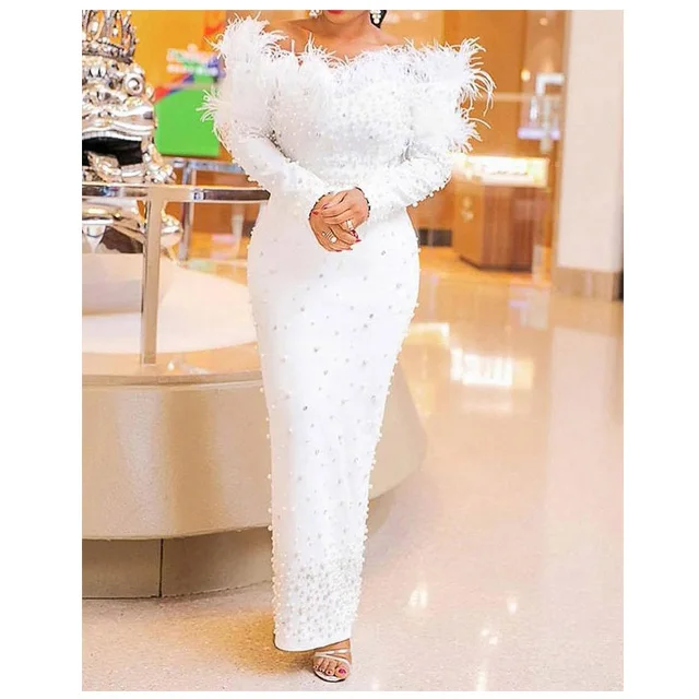

women white feather off-shoulder wrap bead bodycon strapless winter evening dress, Customized colors