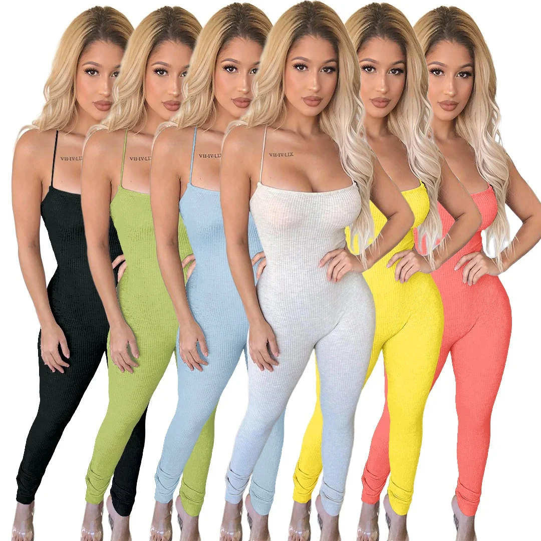 

MT66-6336 2021 fashion Solid color jumpsuit Sexy Sleeveless halter neck jumpsuit Tie High Waist tight legging jumpsuit