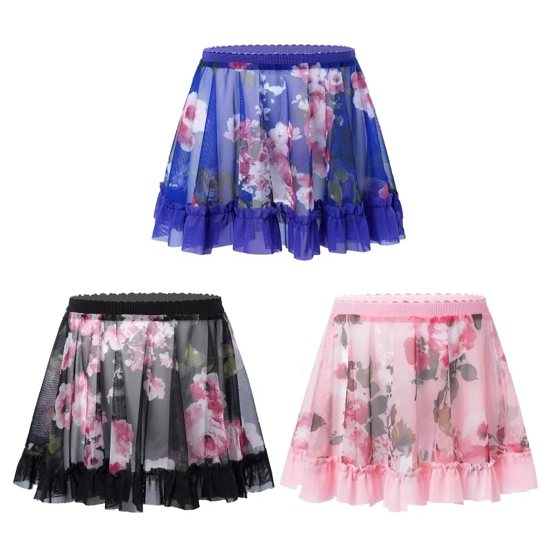 

Kids Girls See-through Elastic Waistband Floral Print Ruffled Hem A-line Mesh Ballet Dance Skirt