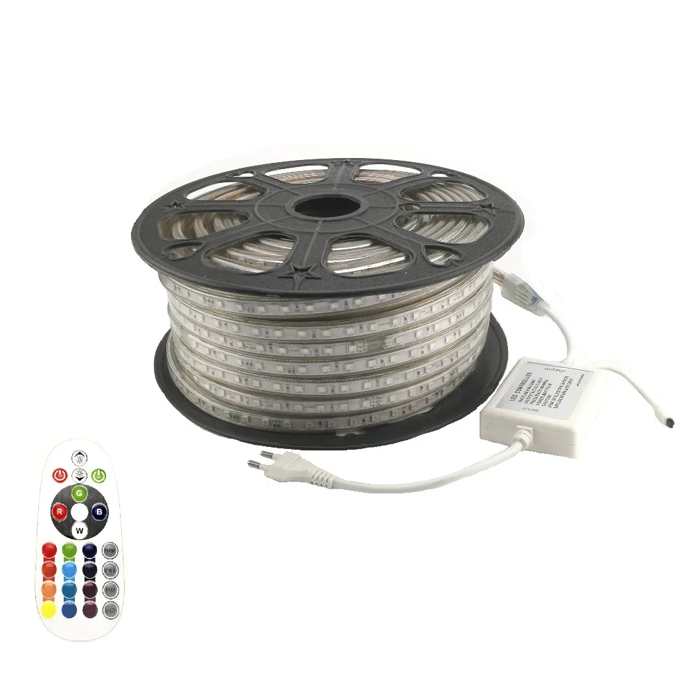 

220 V RGB LED Strip Lights 5050 60leds/m with EU Standard Power Plug Remote Controller 5 / 10 / 15 / 20 / 25 / 30 / 50 Meters