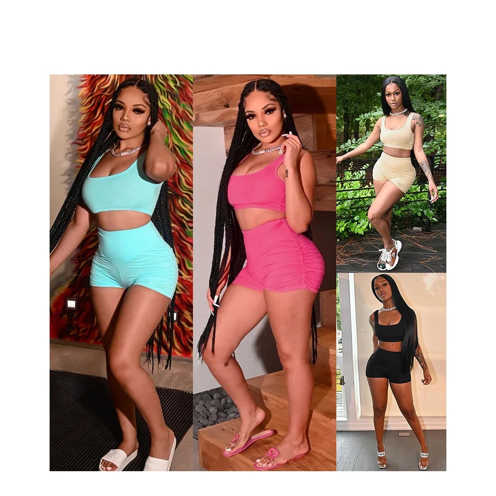 

2021 Two Piece Short Set Women Summer Wear Casual Sleeveless Crop Top Waistcoat Short Pant Sweatpants Suit 2 Piece Joggers Set, Picture