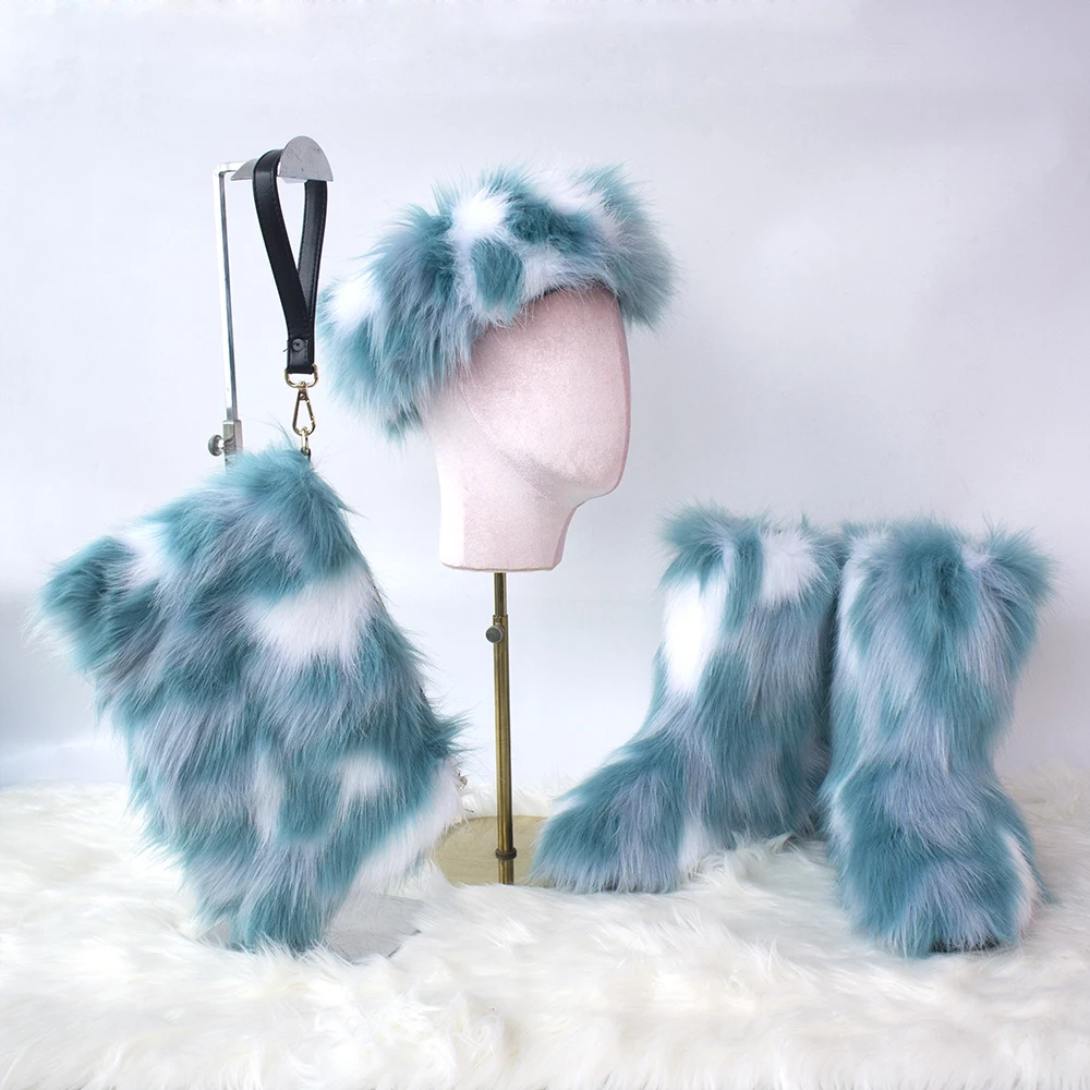 

Snow boots clutch hair band boots plush three-piece Winter Fur set Colorful headband match handbag adult children boots Sets