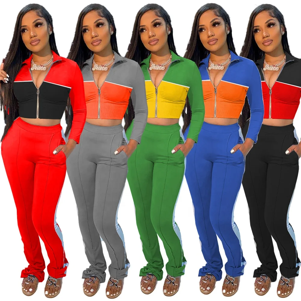 

Popular Fall Solid Color Patchwork Casual Sports Sets Two Piece For Women, Red gray black blue green