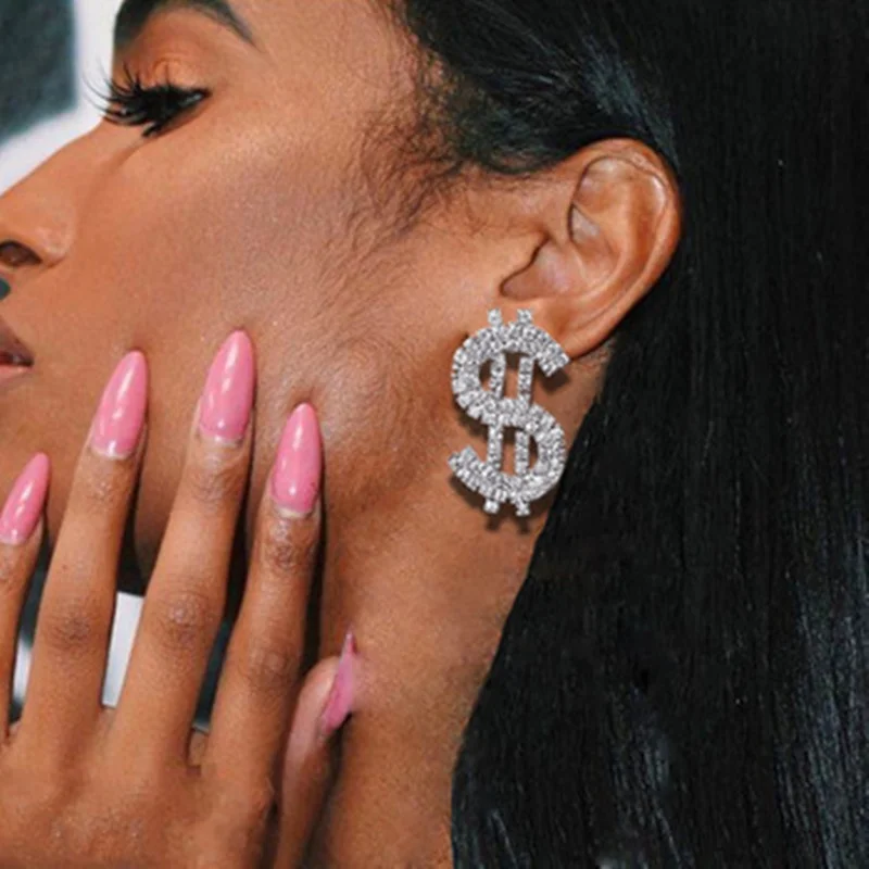 

Kaimei 2020 Fashion Designer Rhinestone Dollar Sign Hanging Dangle Earrings Long Shiny Crystal Dollar Earrings For Women Jewelry, Many colors fyi