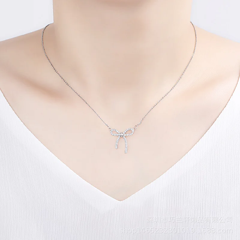 

Fashion Jewelry Women Trendy Charm Necklaces Cubic Zirconia Stainless Steel Bow Tie Necklace