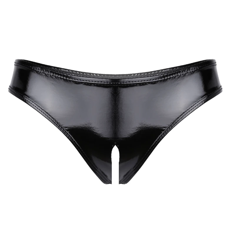 

In Stock Black Erotic Panties Patent Leather Open Crotch High Cut Briefs Underwear Underpant Women