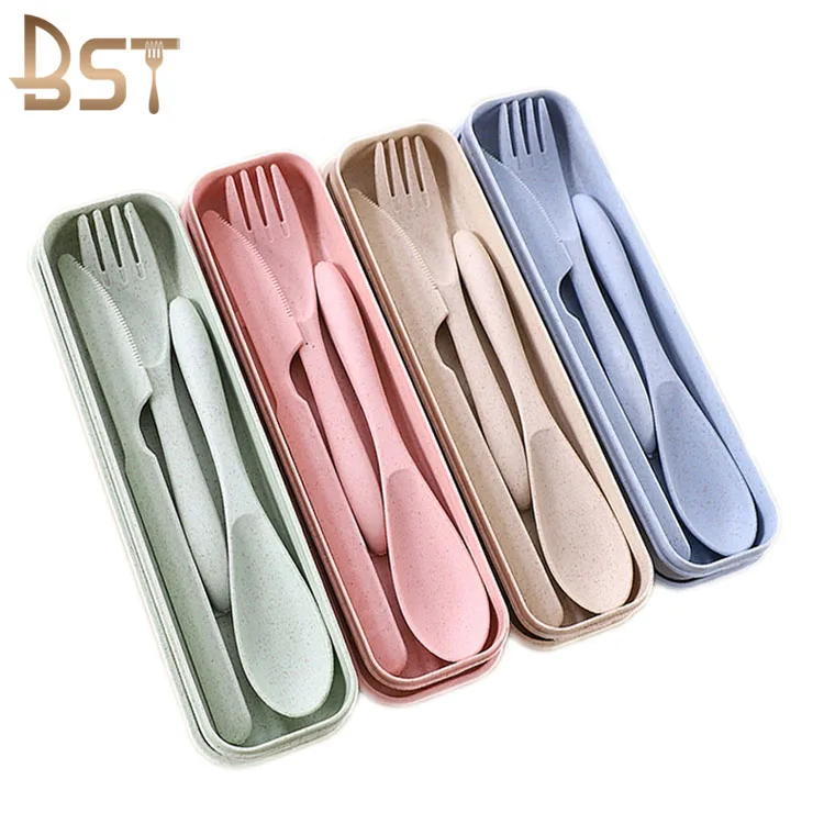 

Portable Cutlery Plastic Utensils Set Baby Kids Dinner Biodegradable Colored Wheat Straw With Case, Green/beige/pink/blue