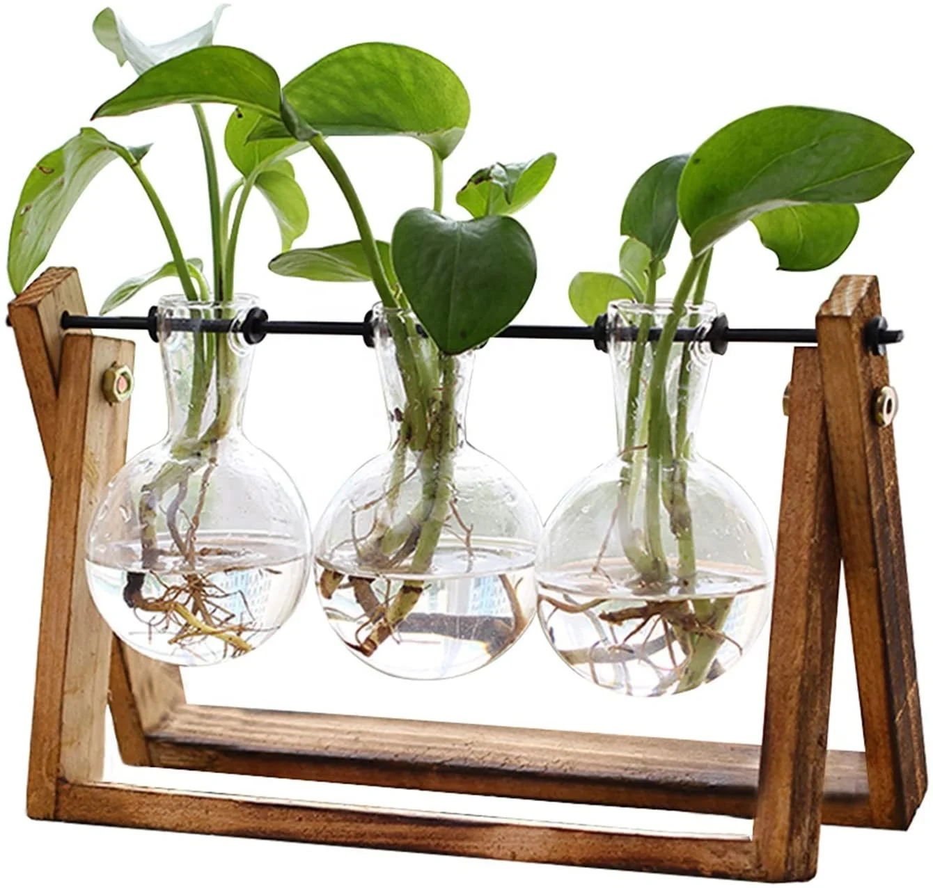 

Plant Terrarium with Wooden Stand, Air Planter Bulb Glass Vase Metal Swivel Holder Retro Tabletop for Hydroponics Home Garden