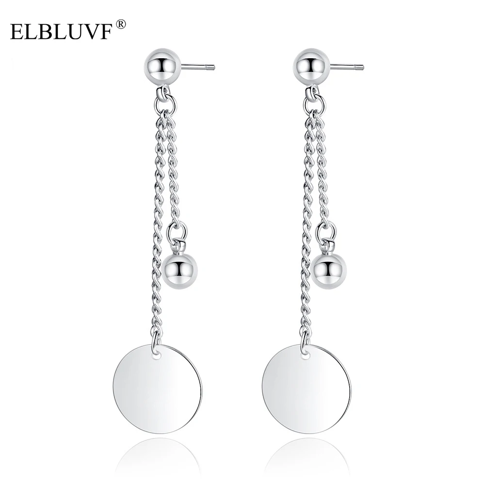 

ELBLUVF 2020 New Fashionable Silver platinum plated Korean Round Ball Coin Dangle Chain Earrings, White gold