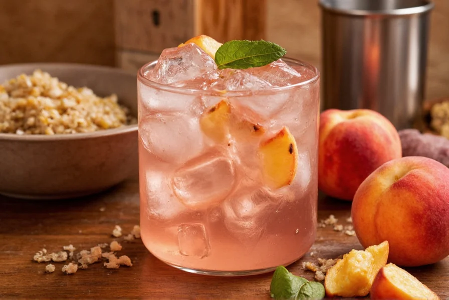 Homemade peach ginger ale in a glass with peach slices