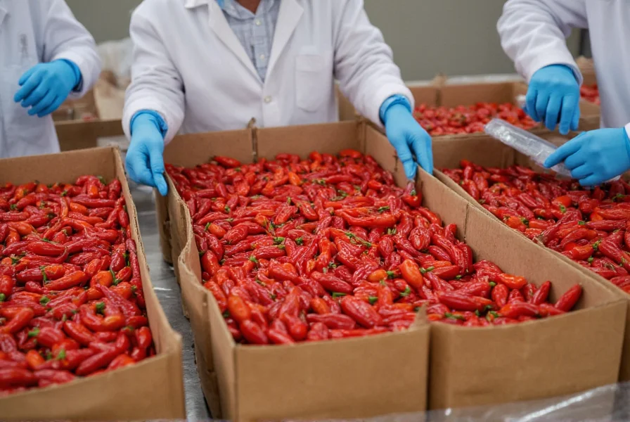Fresh chili peppers being carefully packed in temperature-controlled facility