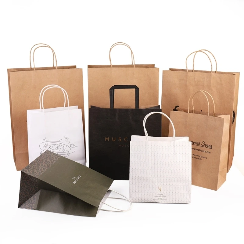 

Eco friendly Kraft Shopping Packaging Clothing Made Handle Recycle custom logo craft food take away bread food paper bags