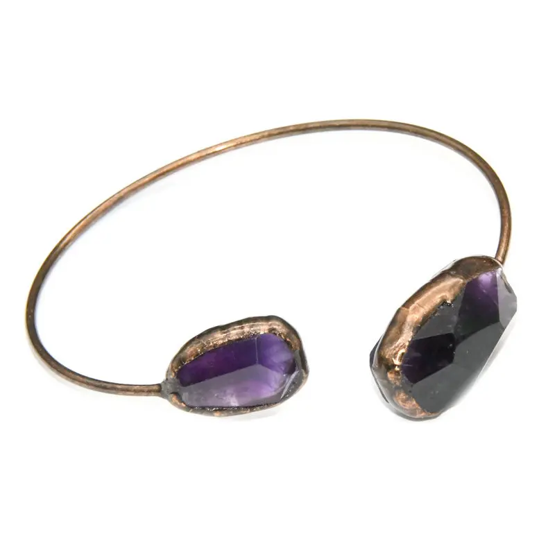 

New Arrival Antique Bronze Color Plating Natural Faceted Amethyst Stone Adjustable Open Bangles For Summer Women Jewelry, Gold , antique bronze