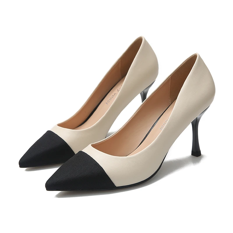 

Women Sexy Patchwork Pointed Toe Thin Heels Shoes Ladies Pump Heels For Working Office