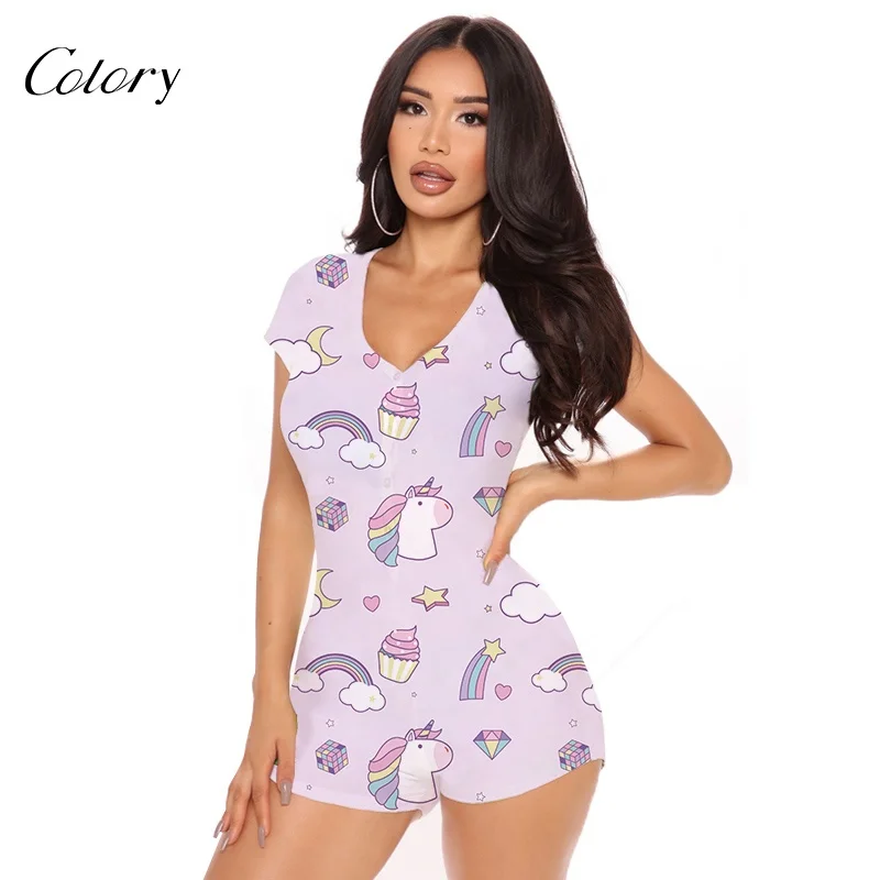 

Colory Onesie Nightwear Pajama With Long Sleeve And Short Pants Casual Pajama Onesie Stretchy Jumpsuits For Women, Customized color