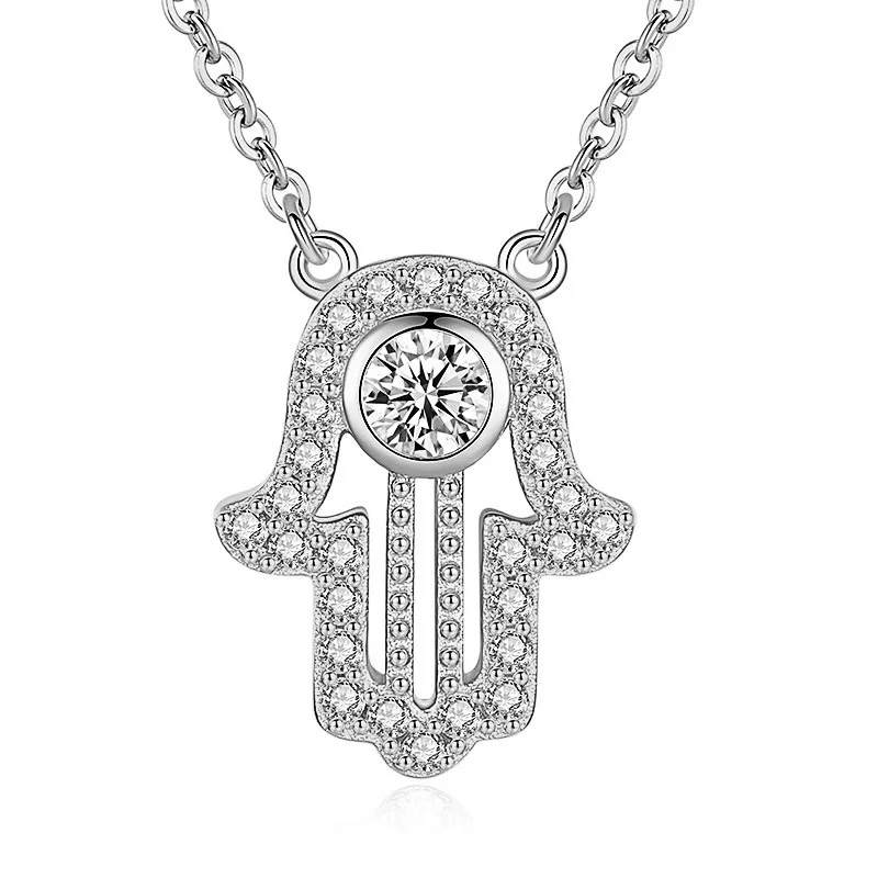 

S925 Silver Turkish Protection Hand of Fatima Pendant Necklace Jewelry Zircon Hamsa Hand Charm Necklace