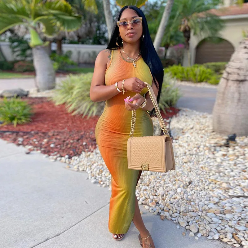 

Women Summer Bodycon Slim Colorful Open Fork Split Hip Slim Dress Sundress 2021 Female Clothing Streetwear, Shown
