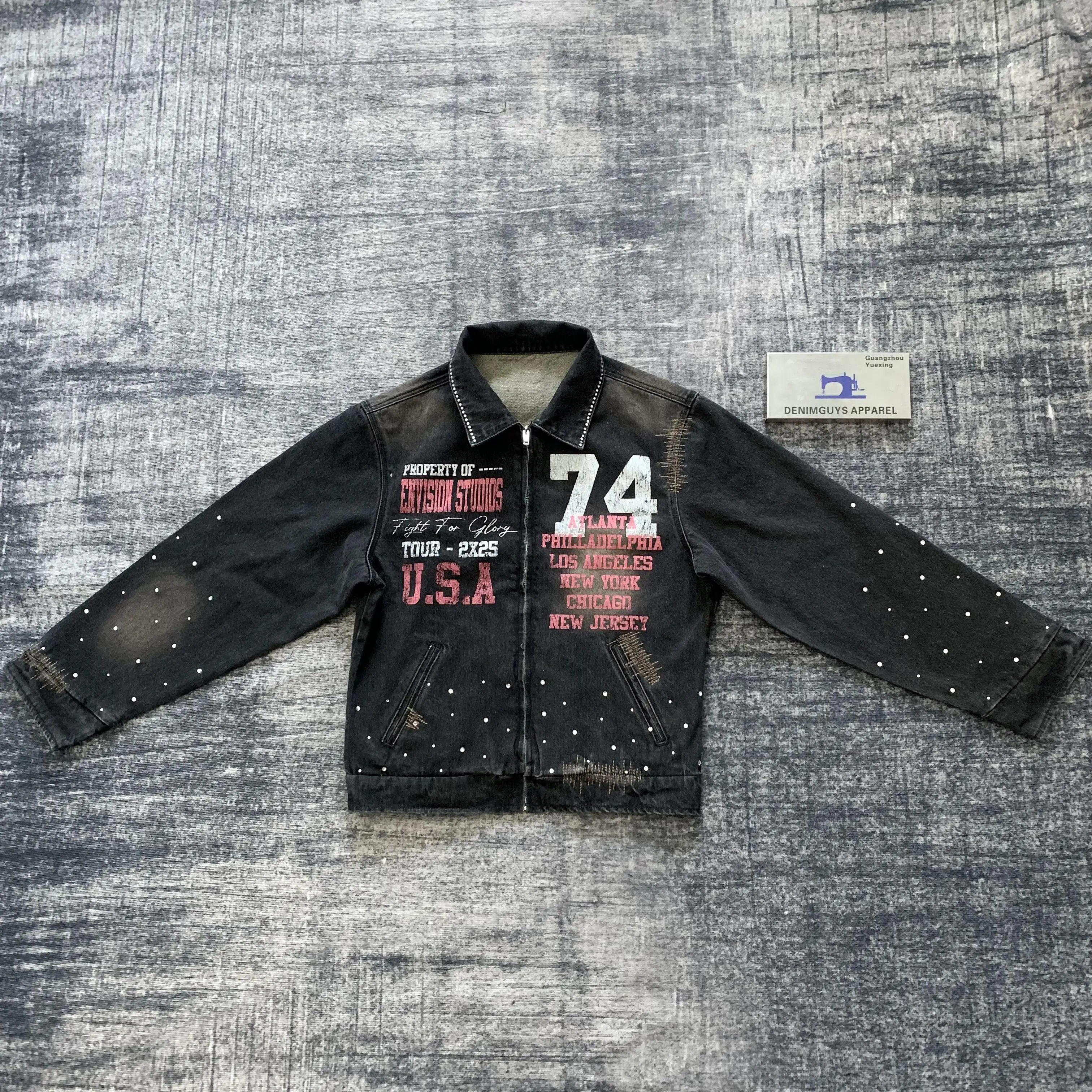 DENIMGUYS Stylish Jean Jacket for Men Custom Print Denim Coats Casual Streetwear Vintage Men's Zip up Denim Jackets Coats