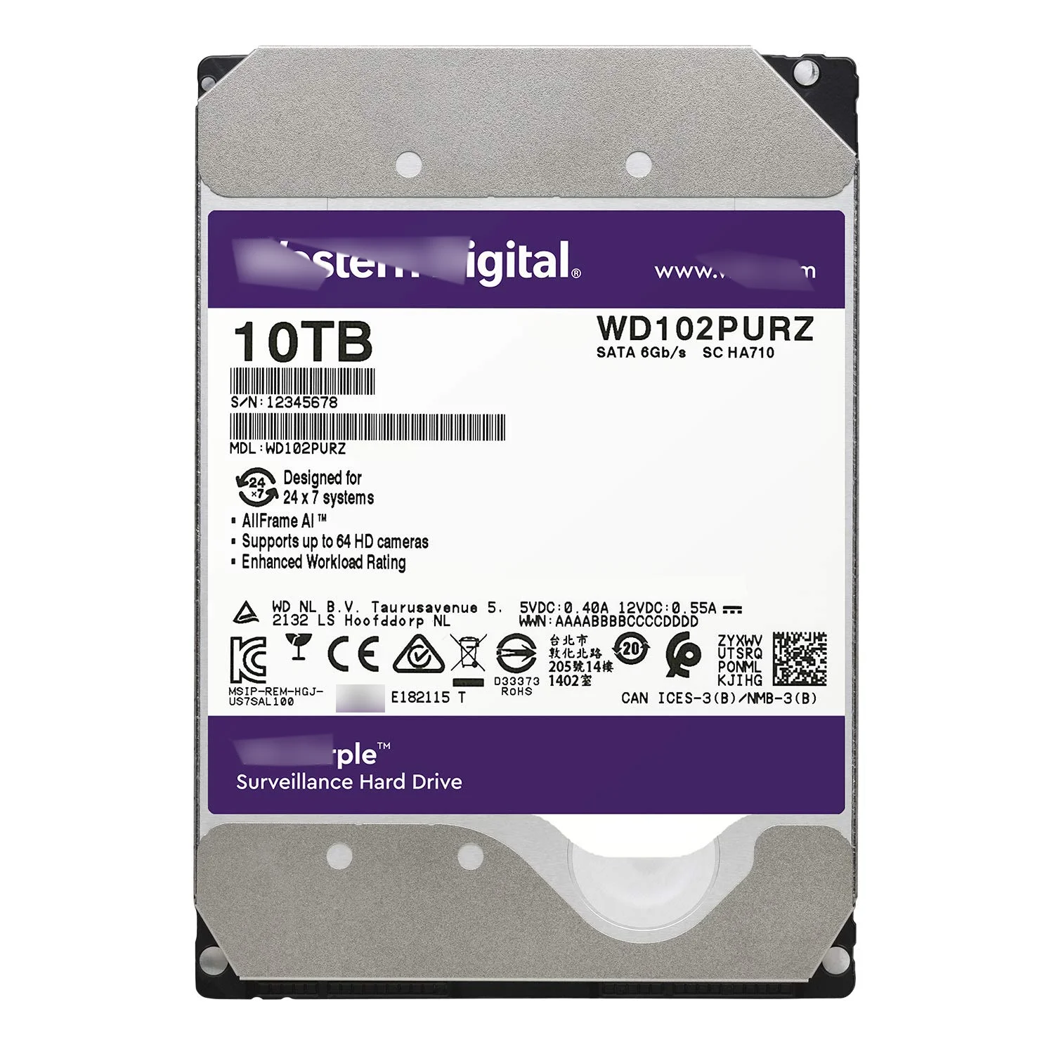 

Original WD102PURZ HDD hard disk drive 10TB WD102PURX Surveillance Class purple HDD special for Digital in stock