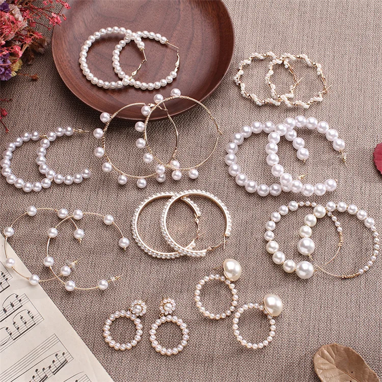 

New Fashion Earrings Jewelry Pearl Round Circle Hoop Earrings White Pearl Earrings For Women, As shown