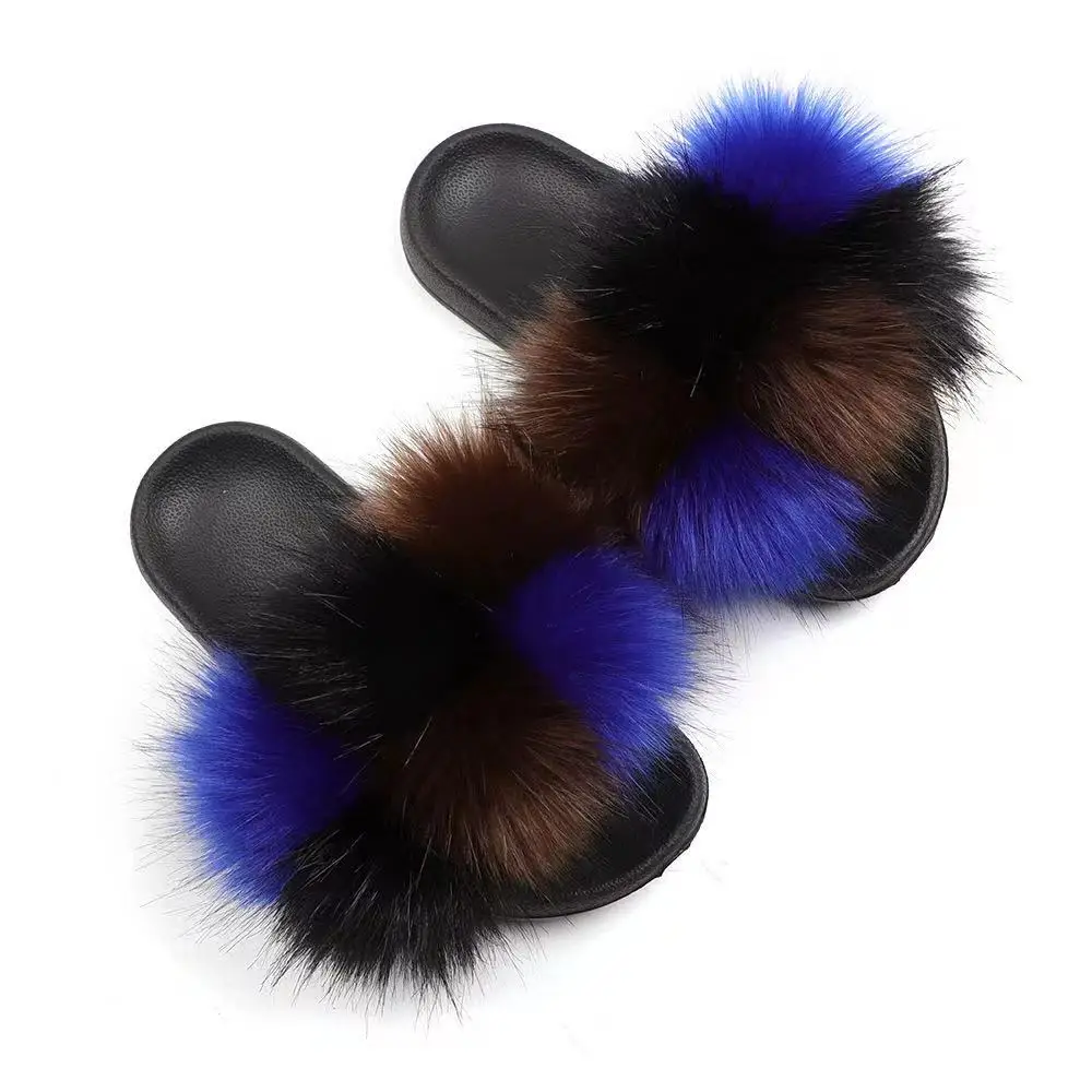 

New Fashion Hot Selling Bedroom Ladies Sandals Non-Slip Furry Color Fox Fur Slippers, Customized color