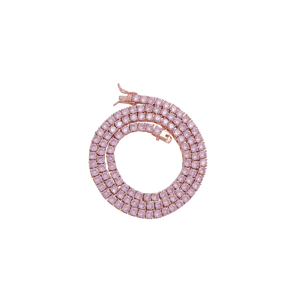 BC201   4mm 16inch 18inch pink Zircon Brass Tennis Chain 1 Row Necklace Hip Hop Bling Jewelry CZ Tennis Chain Iced Out