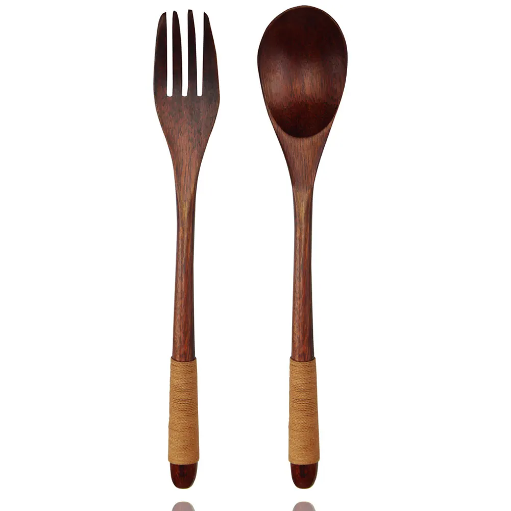 

Korean Wooden Spoon and Fork Cutlery Set Long Handle Dessert Spoons and Fruit Forks