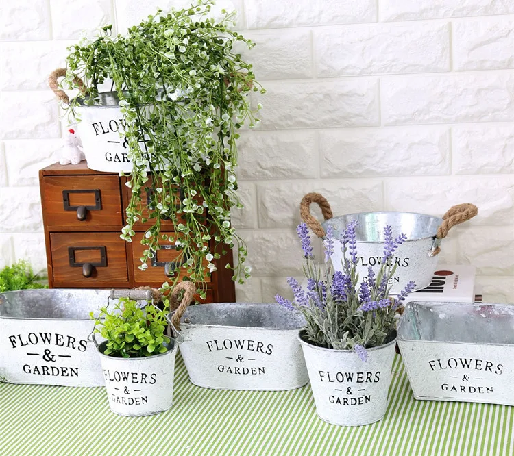 Pastoral Iron Hemp Rope Handle Hanging Bucket Indoor  Decoration Retro Flower Pots in Bulk