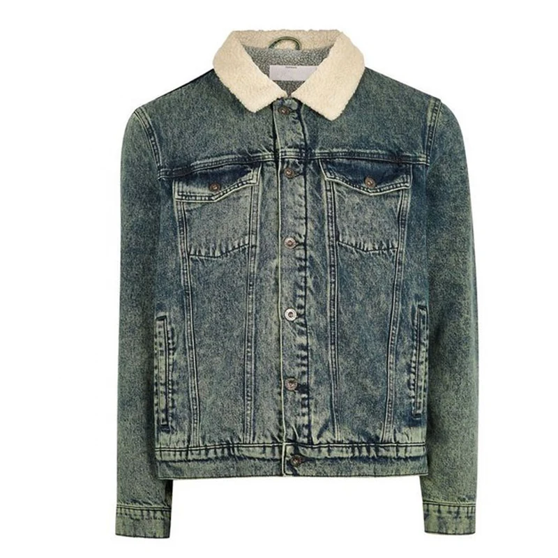 

OEM 2021 acid wash jeans wholesale winter denim jacket faux shearling jacket fleece coat men sherpa borg jacket