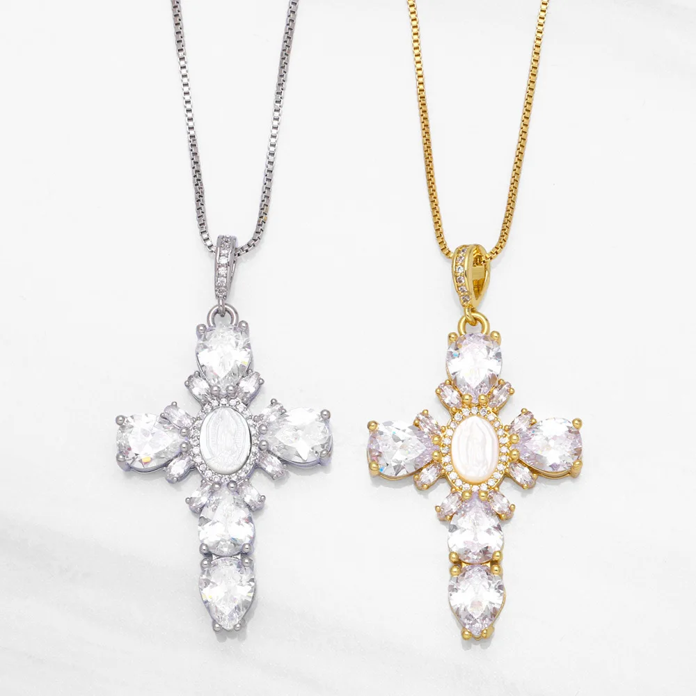 

Hot Selling Cross Virgin Mary Necklace Natural Shell Pearl Miraculous Medal Gold Zircon Crucifix Necklace Women