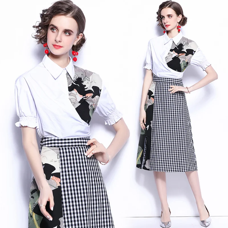 

Fashion suit 2021 summer new women's round neck color matching sweater + printed pleated skirt two-piece ladies skirt