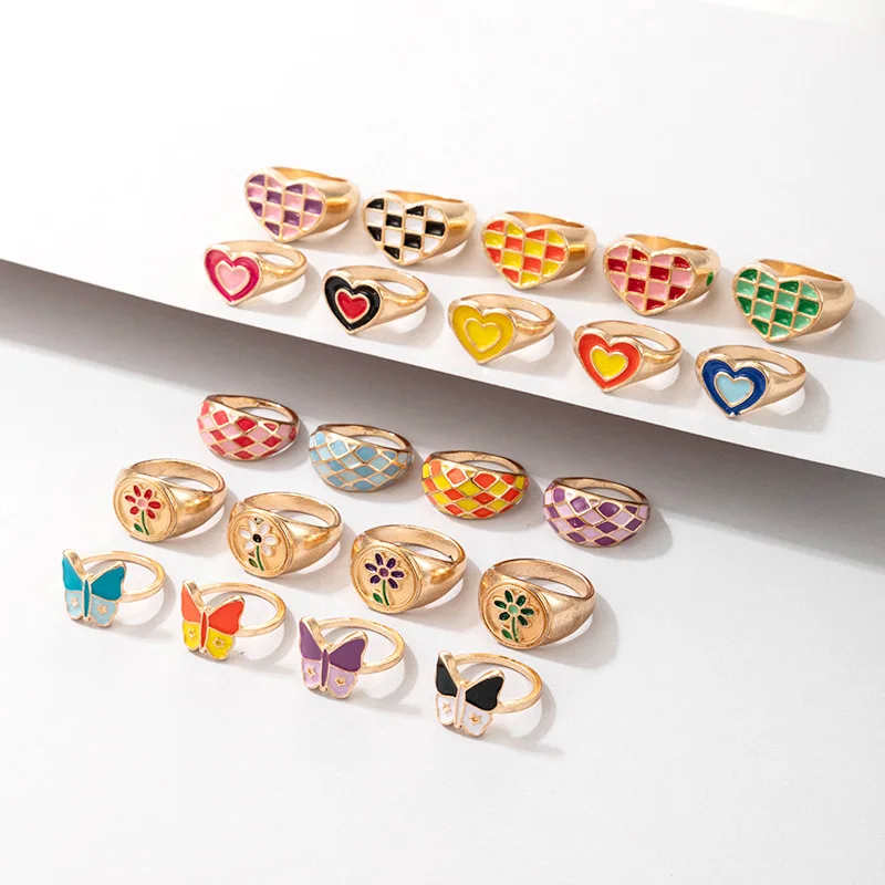 

Ins Creative Gold Plated Enamel Love Heart Finger Ring For Women Girls Colorful Oil Drip Flower Butterfly Ring