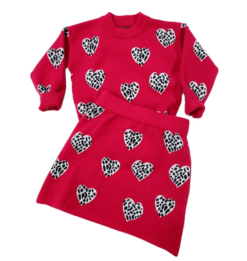 

Wholesale Loose Pullover Heart Pattern Kids Red Heart Leopard Sweater Skirt 2pcs O Neck Valentine's Day outfiits, As pictures