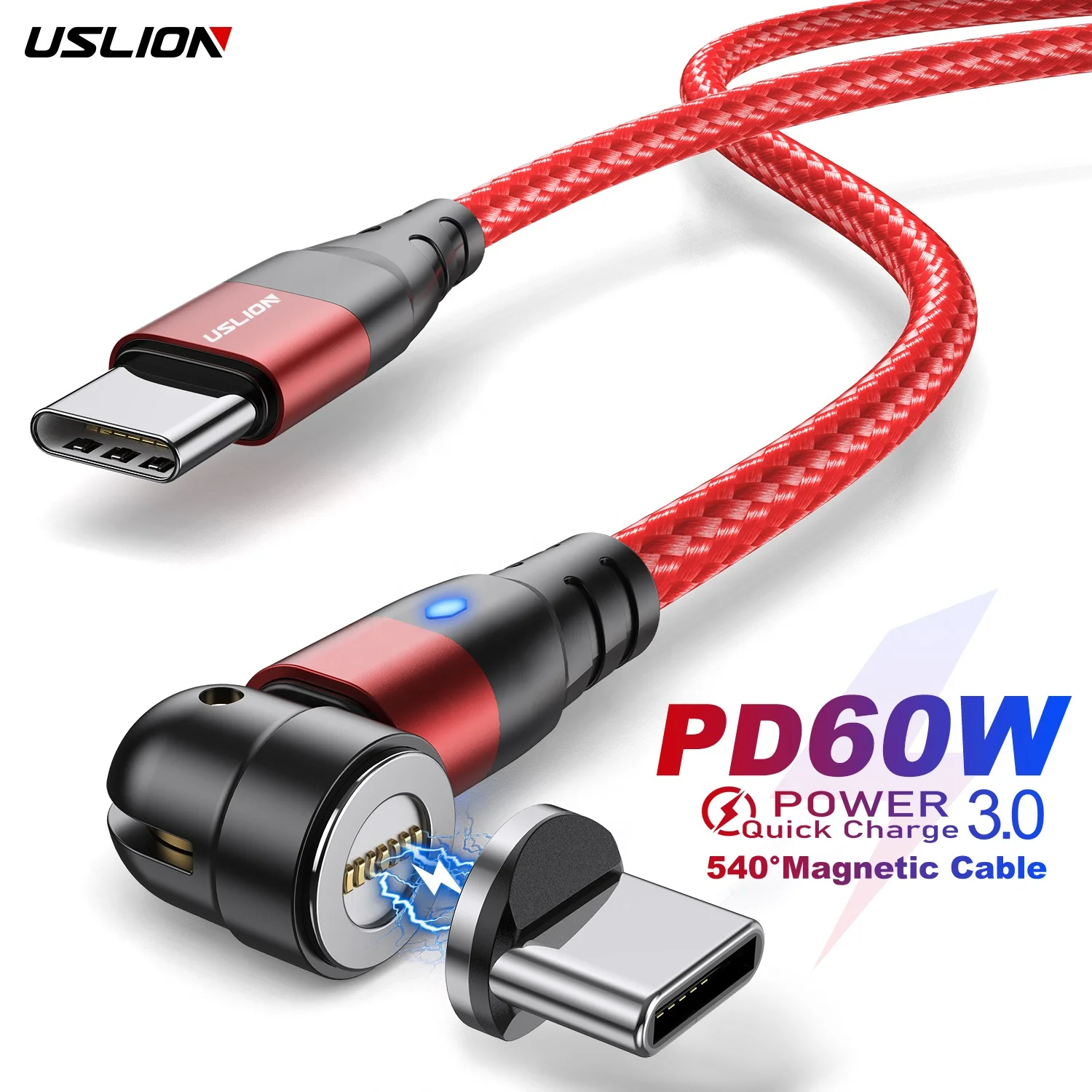 

USLION Type-C 540 Magnetic Cable PD 60W Fast Charging Data Cable USBC Cable For Mobile Phone Laptop Computer, "black red purple"