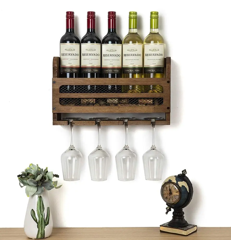 
Wall Mounted Wooden Wine Rack 5 Wine Bottles and 4 Stem Glasses Holder Wine Cork Storage Rack 