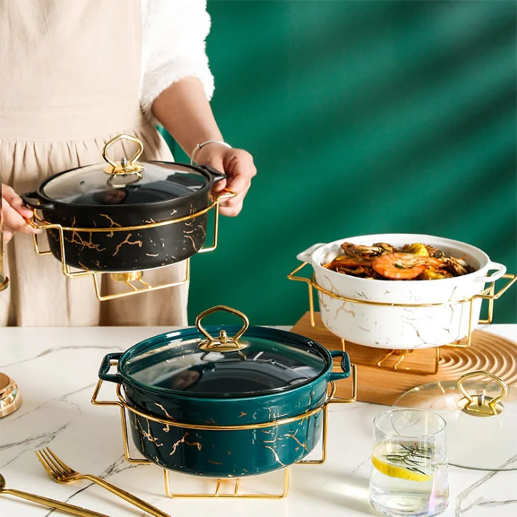 

Unique marbled gold pattern kitchenware nonstick ceramic soup pot set tableware with handle and candle holder, Black;white;green