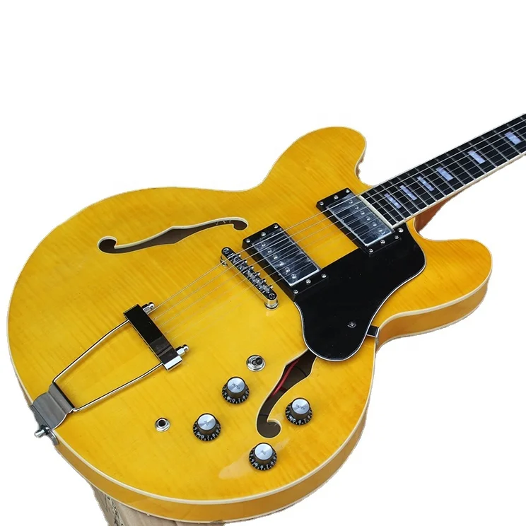 

Flyoung Yellow 6 Strings Electric Guitar Semi Hollow Body Guitar Flame Maple Veneer guitar