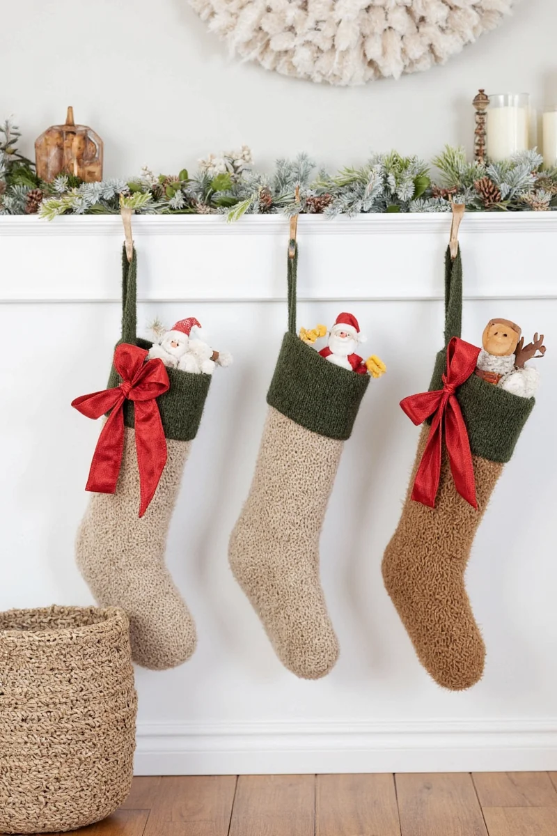 Magnetic hooks on metal rail holding Christmas stockings