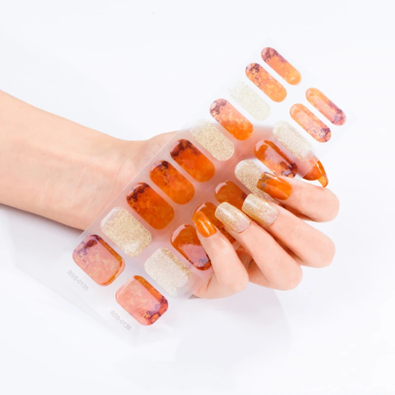 

custom 2d Amber Caramel Marble Glitter semi-solidified adhesive full gel strips wraps long lasting for nails uv gel stickers