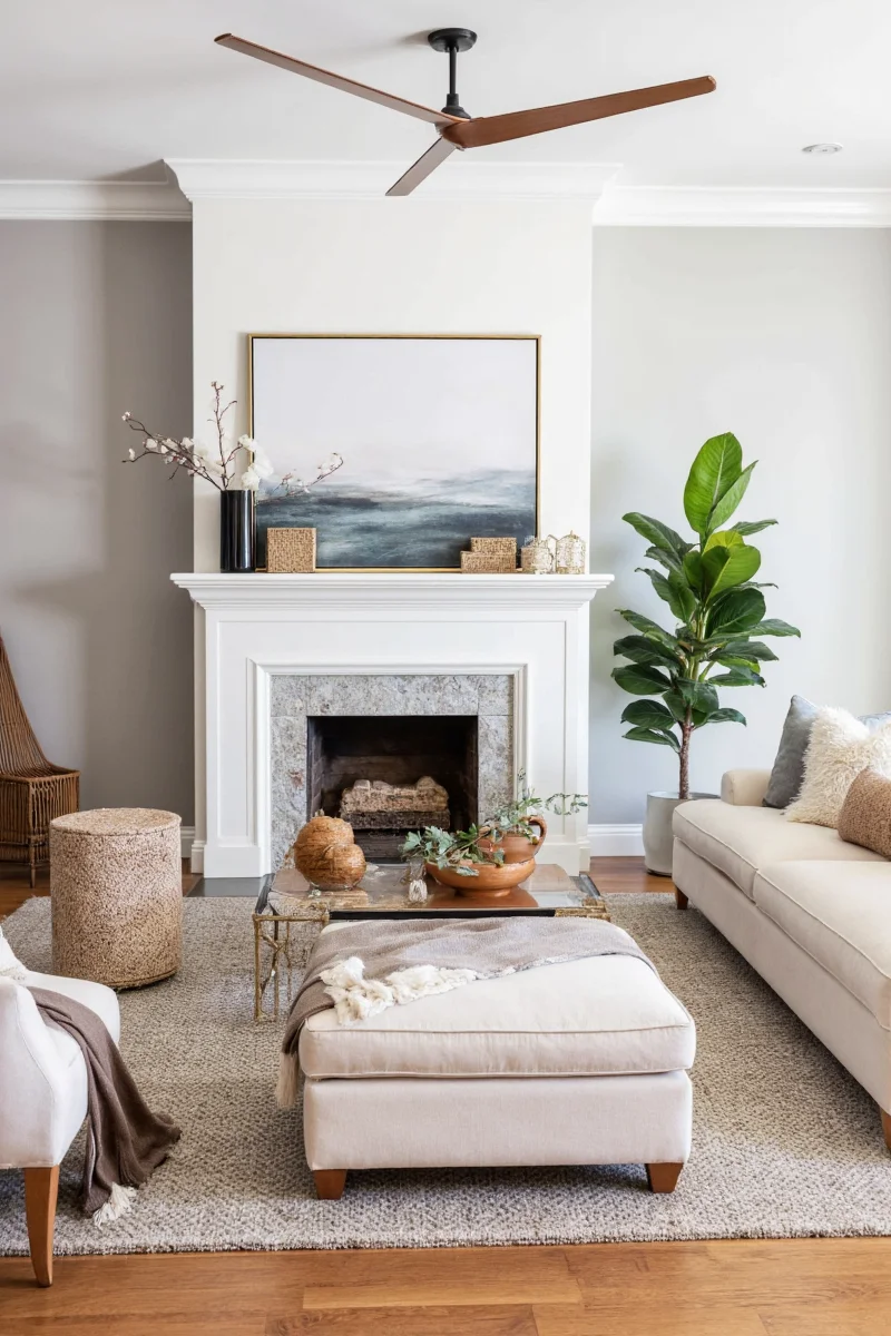 Natural fiber rug, bamboo side table, and organic cotton throw