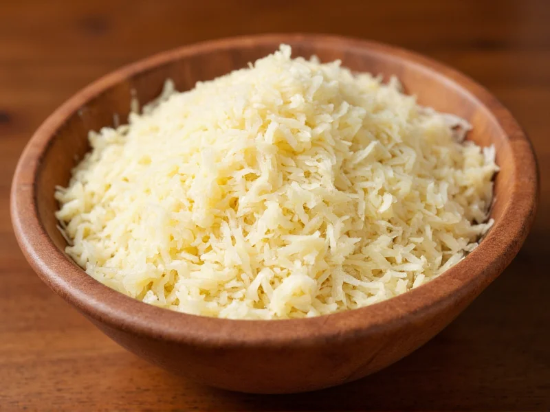 Freshly grated Parmesan cheese in wooden bowl