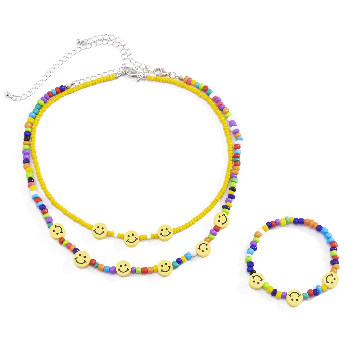 

Boho Smiley Colorful Beaded Bracelet Jewelry Set for Women Girls Handmade Yellow Smiley Beaded Choker Necklace, Picture shows